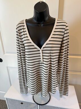 American Eagle Outfitters Cream & Olive Striped Ribbed Top
